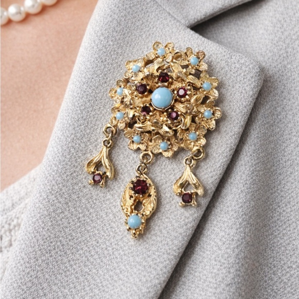 Vintage Gold Tone Filigree Brooch Turquoise Garnet Cabochon Dangle Pin